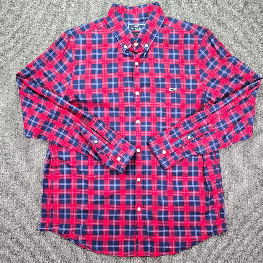 Vineyard Vines Tucker Shirt Mens Medium Slim Fit Red Navy Blue Plaid Stretch